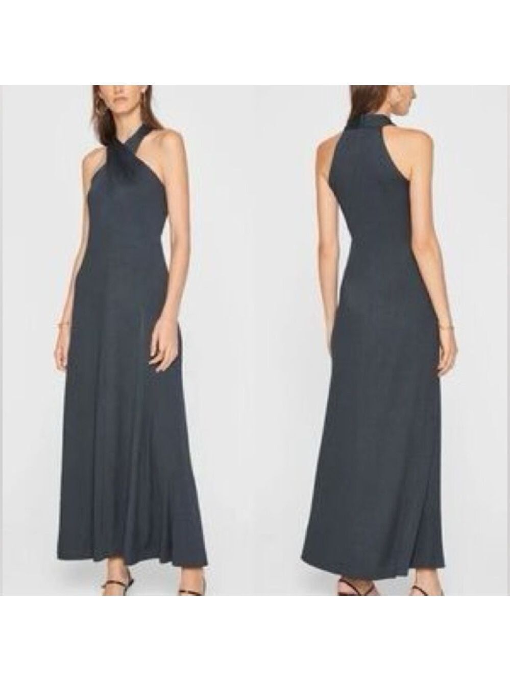 Club Monaco Dark green ribbed knit high twist neck Halter midi maxi dress Sz S